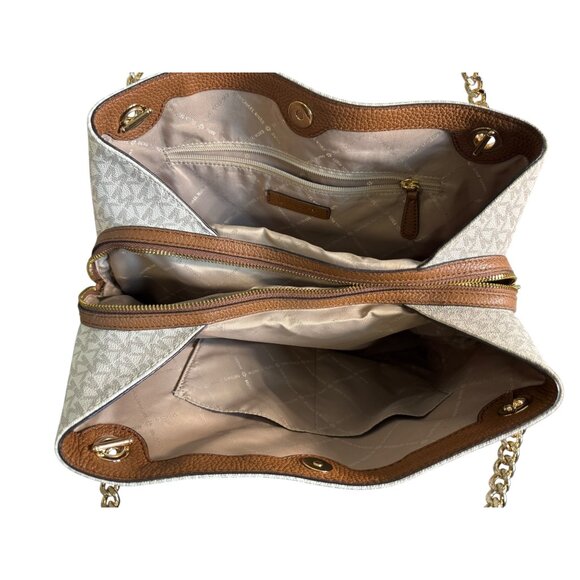 Michael Kors White Monogram Canvas Chain Tote Bag With Gold Accents - Picture 9 of 13